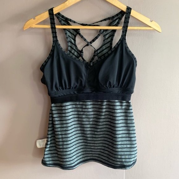 Prana Womens Small Filament Strappy Tank Top Gray and Black Stripe Built in Bra - Picture 7 of 12